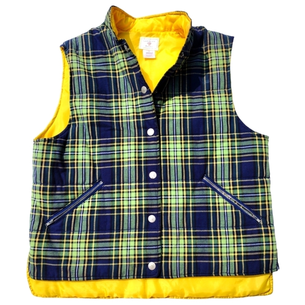 Susan Bristol plaid quilted vest Snap front. Two zipper pockets yellow navy